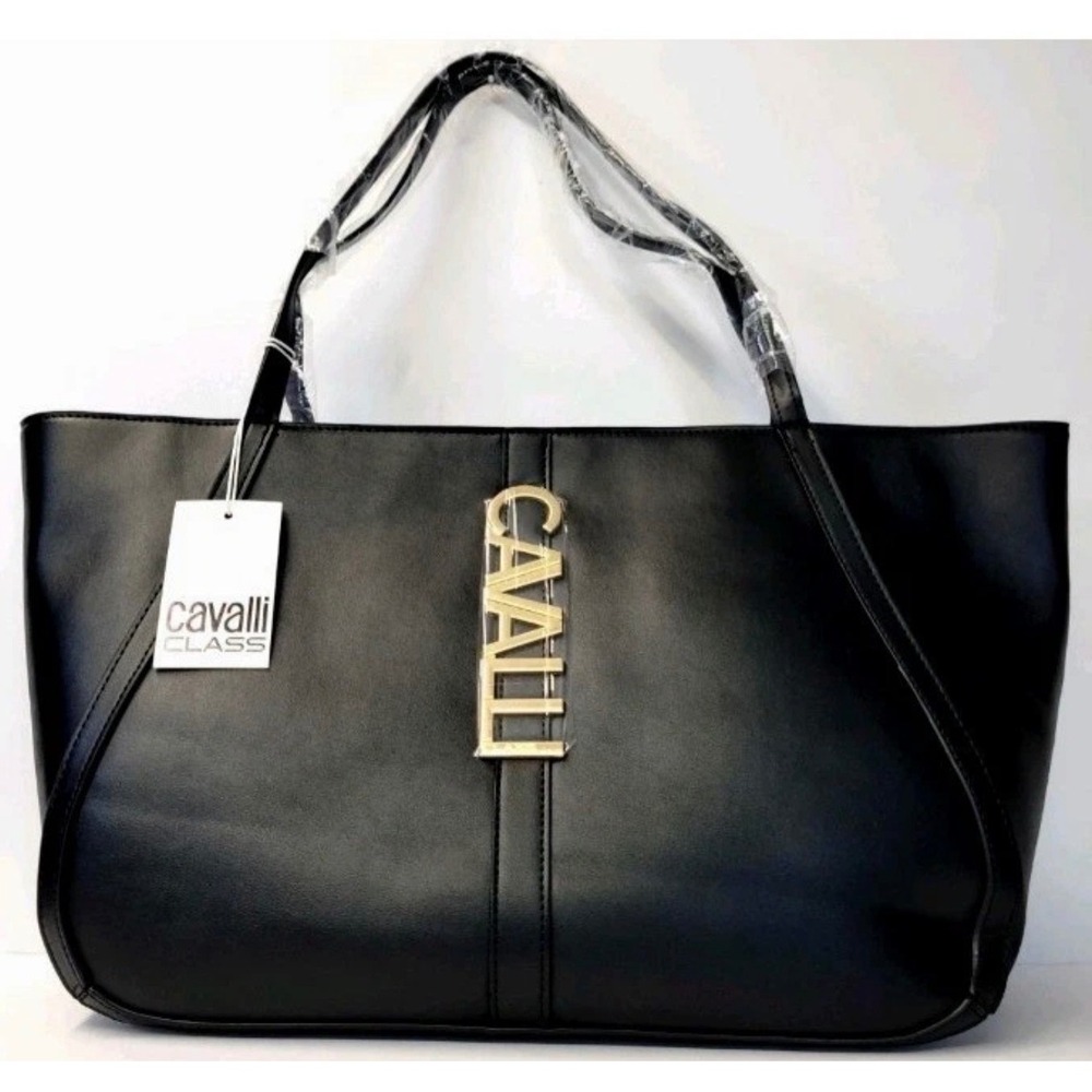 Cavalli Class Minimalist Sandra Shopper Tote Bag Womens Black Onyx Gold Logo NWT